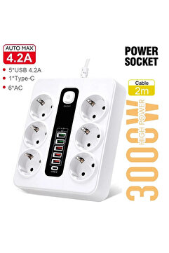 teknotrust 2 Yıl Akıllı Priz Typ-c Ve Usb Girişli 6 Lı Hızlı Şarjlı Akım Korumalı 2metre 2m 50 Hz / 60 Hz Yok