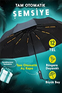 fitfiyat 12 TEL Tam Otomatik Açılır Kapanır Rüzgara Dayanıklı Siyah Ekstra Güçlü Şemsiye