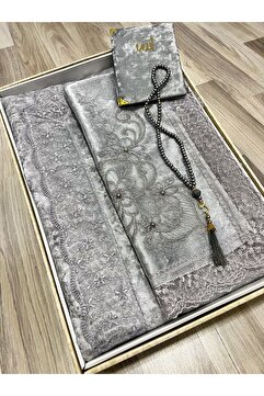 AYHANHOME 4 Parça Seccade Takımı Çeyizlik Bohça Kutulu Kadife Güpürlü Gelin Damat Seti