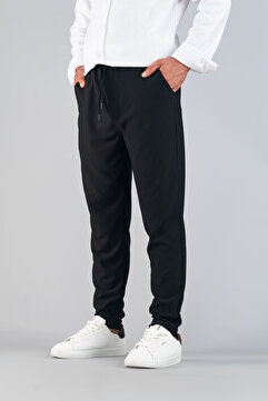 bombe Erkek Siyah Pantolon Beli Lastikli Slim Fit Esnek Likralı Basic Pamuklu Jogger
