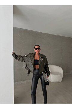 buqre's moda Kadın Görünümlü Yıkamalı Bomber Suni Kemerli Deri Biker Ceket