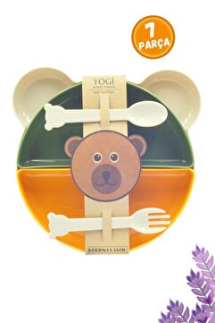 WAPPA Yogi Ayıcık 4 Bölmeli Mama Beslenme Tabağı Ve Çatal Kaşık Seti Yeşil (7 Parça)
