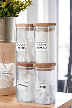 Comprox 4'lü Ahşap Kapaklı Akrilik Kulak Pamuğu & Pamuk & Diş Ipi Organizeri 300 ml Banyo Seti Pamukluk