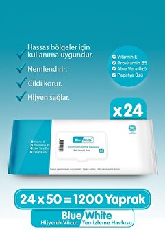 Bluewhite Blue White Yetişkin Hasta Vücut Temizleme Mendil-havlusu (24 LÜ SET) 50 Yaprak Hijyenik