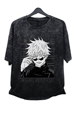 Fuddy Moda Oversize JJK Gojo Satoru EX2 Baskılı Yıkamalı T-Shirt, Unisex Anime Baskılı Vintage Tişört