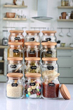 Karçiçeği Home Etiketli, Bambu Kapaklı Ve Kaşıklı 12'li Lüx Baharat Takımı 300 ml