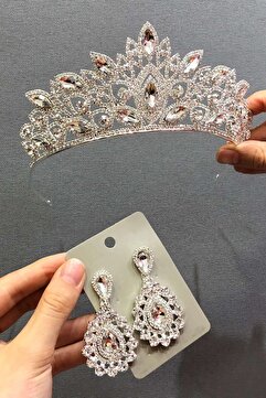 Hayalperest boncuk Gümüş Kristal Cam Taşlı Gelin Tacı ve Küpe Takımı