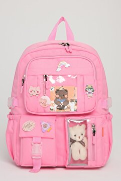 Roxbros Kawaii Kore Tarzı Okul Çantası Aksesuarlı Kız Çocuk ve Erkek Çocuk Sırt Çantası AÇIK PEMBE