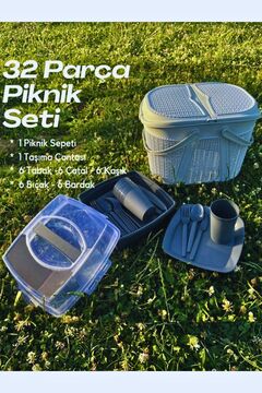 King Mop Home 32 Parça Piknik Seti Sepet Çantalı Bardak,çatal,kaşık,bıçak,tabak Seti 32 Piece Picnic Set.