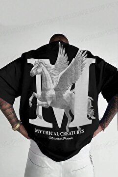 Teenage Millionaire Erkek Mythical Pegasus Baskılı Siyah Bisiklet Yaka Oversize Salaş T-Shirt