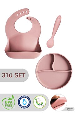Meleni Baby 3'lü Silikon Beslenme Seti -silikon Mama Önlüğü, Vakumlu Tabak, Diş Kaşıyıcılı Kaşık Pembe
