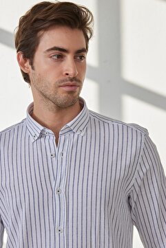 RAVANELLI Erkek Gömlek Çizgili Pamuk Keten Modern Slim Fit Gömlek