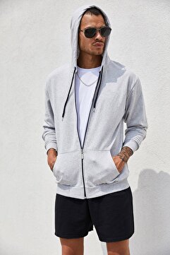 All in Men Gri Fermuarlı Kapüşonlu Erkek Sweatshirt