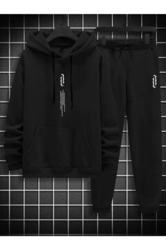 Genel Markalar Dikey Yazılı Kışlık Eşofman Takımı Sweatshirt Eşofman Altı - Siyah Baskılı Oversize Kapüşonlu