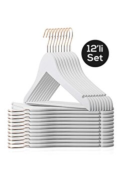 ESTİ 12 Adet - Beyaz Gold Kancalı Ahşap Görünümlü Plastik Askı Kıyafet Elbise Gömlek Askısı