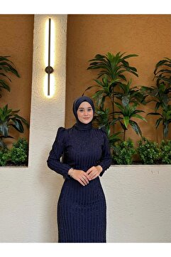LEİLATELİER Simli Belden Kuşaklı Lacivert Tesettür Abiye Elbise