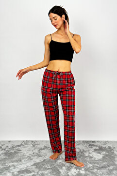 Betimoda Kadın Pamuklu Ekose Desenli Pijama Altı Eşofman Kurdeleli Kırmızı Yeşil Kareli
