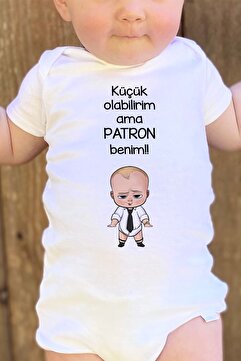 Overoz Organik %100 Pamuk Patron Bebek Küçük Olabilirim Ama Patron Benim Bebek Body Kısa Kollu Badi 5206
