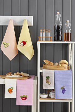 LENA 40x60 %100 Pamuk 6'lı Nakışlı Mutfak Havlusu | Kurulama Bezi