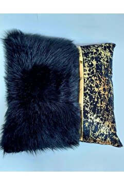 BALADI HOME Yastık Kılıfı Peluş Ve Kadife Kumaş Altın Deri Aksesuarlı Kadife Görünümlü Kare Kırlent Kılıfı Sıyah