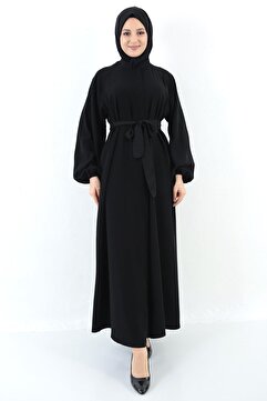 MARQUANT Kadın Siyah Medine Ipeği Patlı Fermuarlı Kuşaklı Cepli Ferace Tesettür