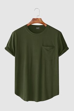 BUCADO Erkek Haki Kolları Katlı Oval Kesim Cepli Bisiklet Yaka T-Shirt
