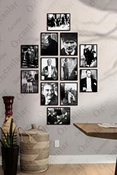 ÖZCANLAR ÇERÇEVE Çerçevesiz Çerçeve Görünümlü Atatürk Fotoğrafları 12 Parça Mdf Tablo Seti Çoklu Baskı Seti Mdf Baskı