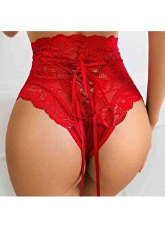 bayansepeti Arkası Bağcık Detaylı Esnek Dantel Yüksek Bel Kırmızı Brazilian String