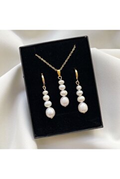 dalya Dörtlü Gerçek İnci Kolye/ Çelik Küpe Set/Takım