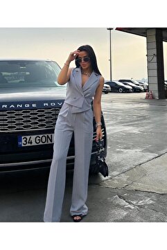 pembekurdelem Kadın Tasarım Çizgili Yelek Pantolon Takım Gri