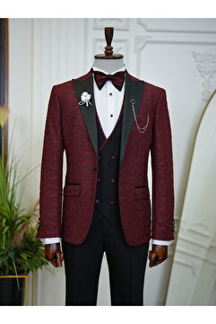 LONATOLİA Erkek Smokin Damatlık Jakarlı Kırlangıç Yaka İtalyan Kesim Slim Fit Ceket Yelek Pantolon Papyon