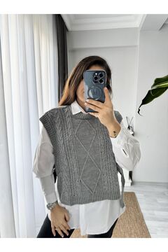 Miss Giz Butik Kadın Gri Yandan Bağlamalı Saç Örgü Süveter