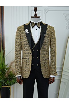 LONATOLİA Erkek Smokin Damatlık Jakarlı Kırlangıç Yaka İtalyan Kesim Slim Fit Ceket Yelek Pantolon Papyon