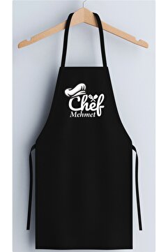 Genel Markalar 55 x 70 "CHEF MEHMET" KİŞİYE ÖZEL BASKILI MUTFAK ÖNLÜĞÜ Siyah Pamuk Viskon