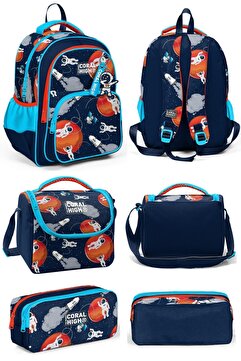 Coral High Lacivert Mavi Astronot Desenli Üç Bölmeli Okul Sırt Çantası Beslenme Çantası Kalem Çantası 23660Set