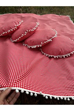 Zeren Home Ponponlu Sıvı Geçirmez Keten Masa Piknik Örtüsü 170 x 170 , 4 Yuvarlak Minder