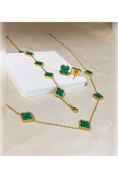 Inure Jewelry Glare Yeşil Yonca Model Kadın Çelik (KOLYE & BİLEKLİK & KÜPE) 3'lü Set