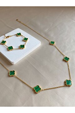 Inure Jewelry Glare Yeşil Yonca Model Kadın Çelik (KOLYE & BİLEKLİK) 2'li Set