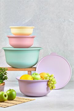Vienev Pastel Renkli Tupy Kapaklı Kase 4lü Set