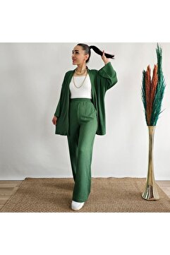 İpli Zümrüt Yeşil Renk Cep Detaylı Bol Paça Kimono Takım