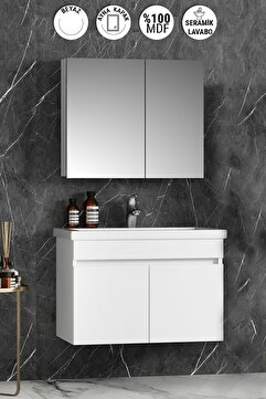 ÖZCEDEN Çiğdem 80 cm Beyaz MDF Seramik Lavabolu Asma Banyo Dolabı Takımı