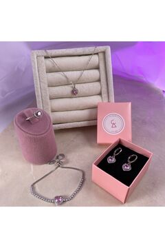 Alsem Gümüş Kalp Temalı Kolye Yüzük Bileklik Küpe Set , Özel Tasarım Pembe Kalp İşlemeli  Gümüş Set