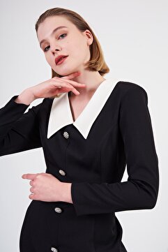 SevdeUgur Kadın Siyah Taş Düğmeli Midi Elbise / Collection