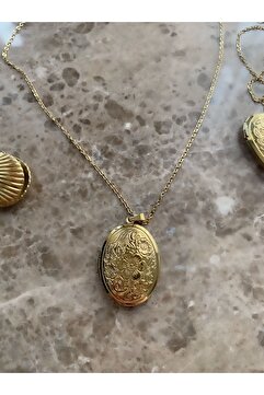 Pinery Jewels Vintage Oval Içi Açılabilen Kapaklı Fotograf Koyulabilen Çelik Kararmaz Gold Kolye