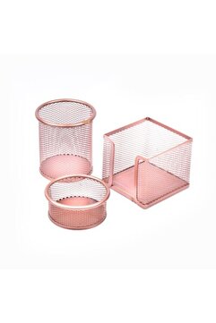 Mas Rose Gold Perfore A Üstü Metal Üçlü Set Kalemlik Ataşlık Küp Blok Desk Organizer