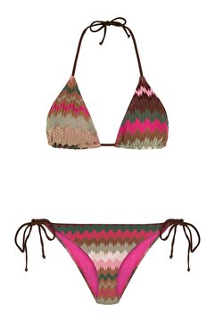Aquella Renkli Simli Triko Üçgen Bikini Takım