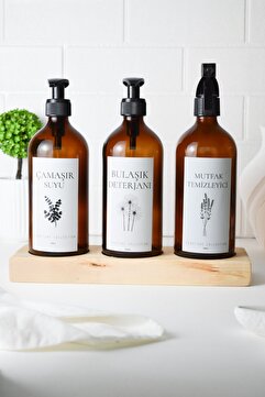 LALEZEN HOME Ahşap Stantlı Çiçekli Etiketli Bulaşık Çamaşır Suyu Mutfak Temizleyici Cam Şişe 500ml