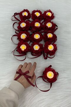 ZEYMERADE Bordo Ledli Kına El Mumu, Düğün, Nedime, Bride, Sünnet, Led Işıklı, Tealight Mum Pilli 12 Adet