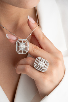 Silvano Jewelry 925 Ayar Gümüş Baget Taşlı (Kolye-Yüzük) Seti