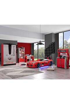 Setay Çocuk Odası - Audi Koltuklu Arabalı Yatak - Sport 3 Kapılı Dolap, Masa, Şifonyer, Kitaplık- Kırmızı
